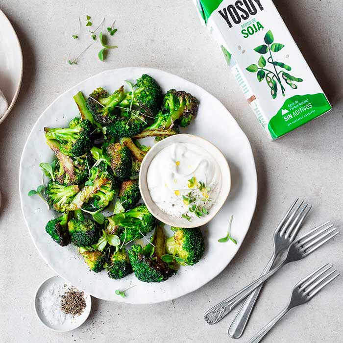 ROASTED BROCCOLI WITH A MILD ALIOLI MADE WITH OUR SOYA DRINK